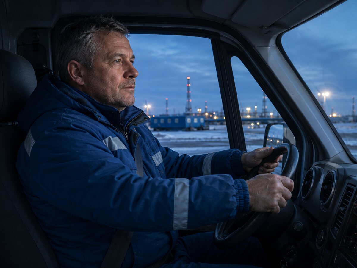 Водитель старше 40 лет уверенно работает на служебном автомобиле.