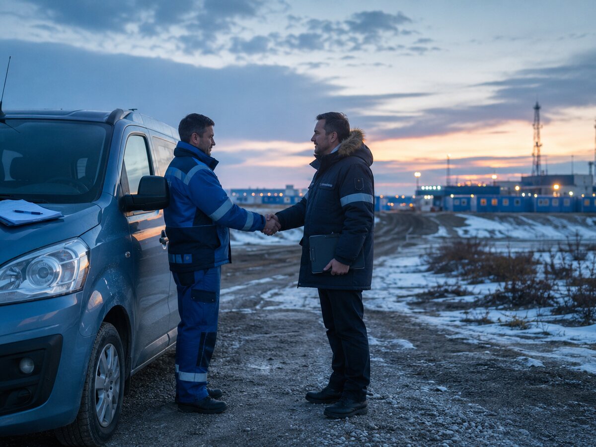 Водитель в спецодежде обсуждает условия вахты с координатором перед выездом на месторождение.